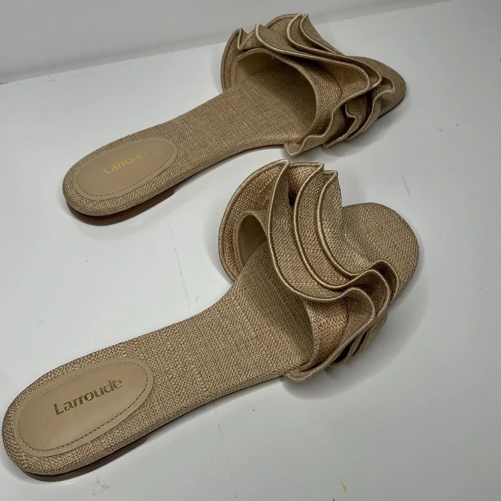Larroudé Sz 11 Ivy Beige Raffia Ruffle Flat Slip On Sandals - New Unworn